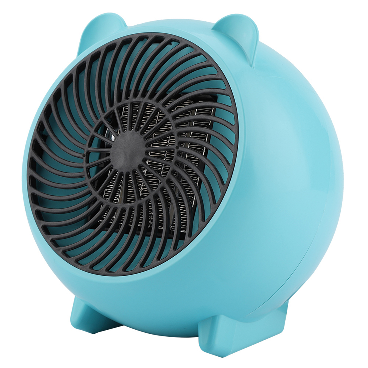 Ein blauer elektrischer Heizlüfter mit einem Ventilator und einem Griff, mit einem schwarzen Gitter.