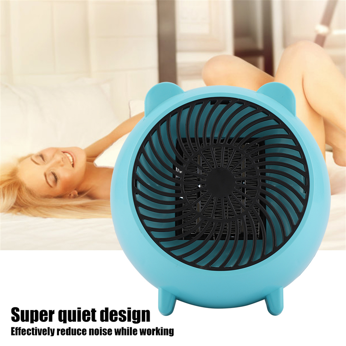 Blauer Ventilator mit Frau im Hintergrund. Text: 'Super leises Design'.