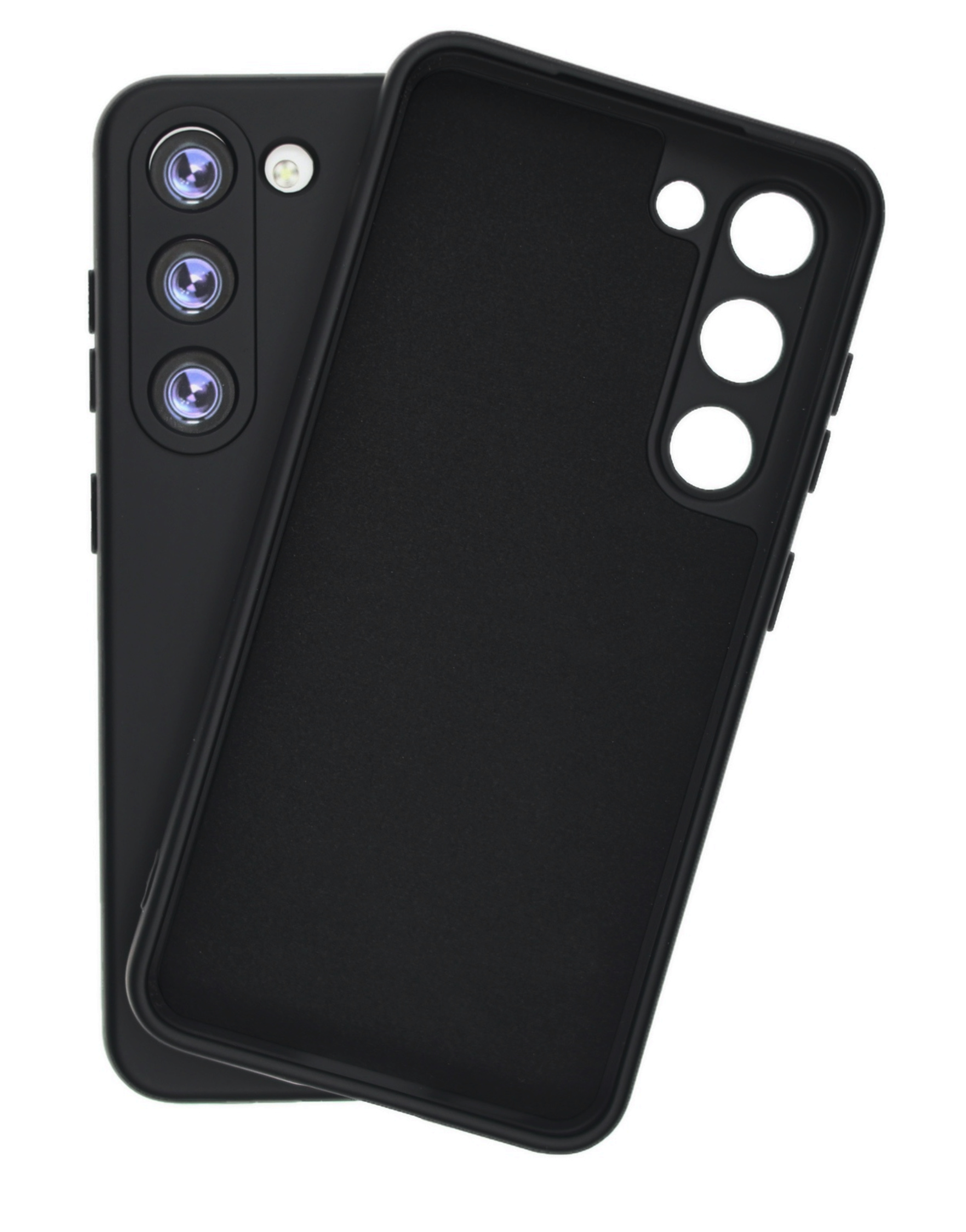 Schwarze Handyhülle mit einem Telefon auf der Rückseite und im Inneren. Weißer Hintergrund.