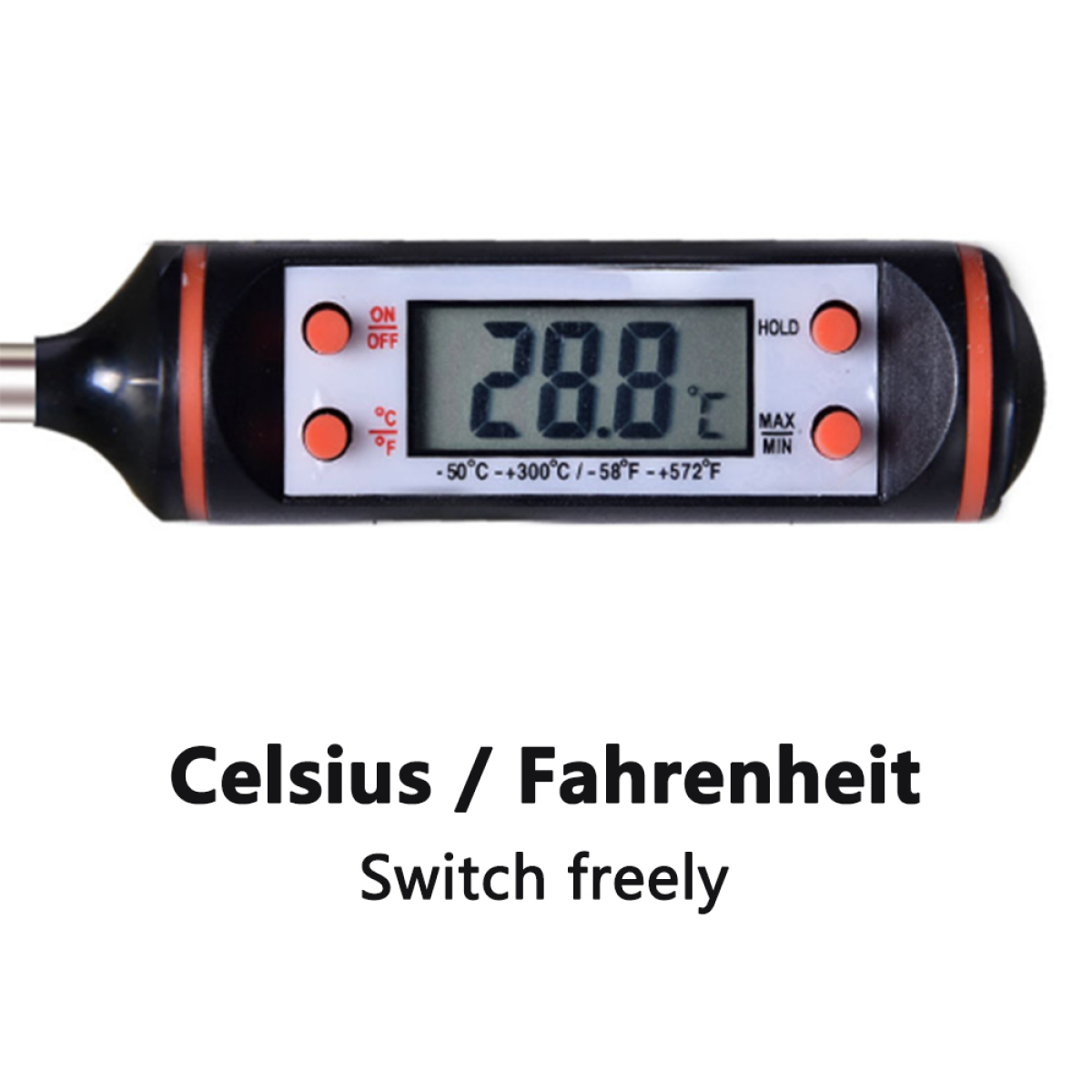 Digitales Thermometer. Zeigt 28,8 Grad Celsius an. Knöpfe: Ein/Aus, Halten, Max/Min. Schwarzes Gehäuse.