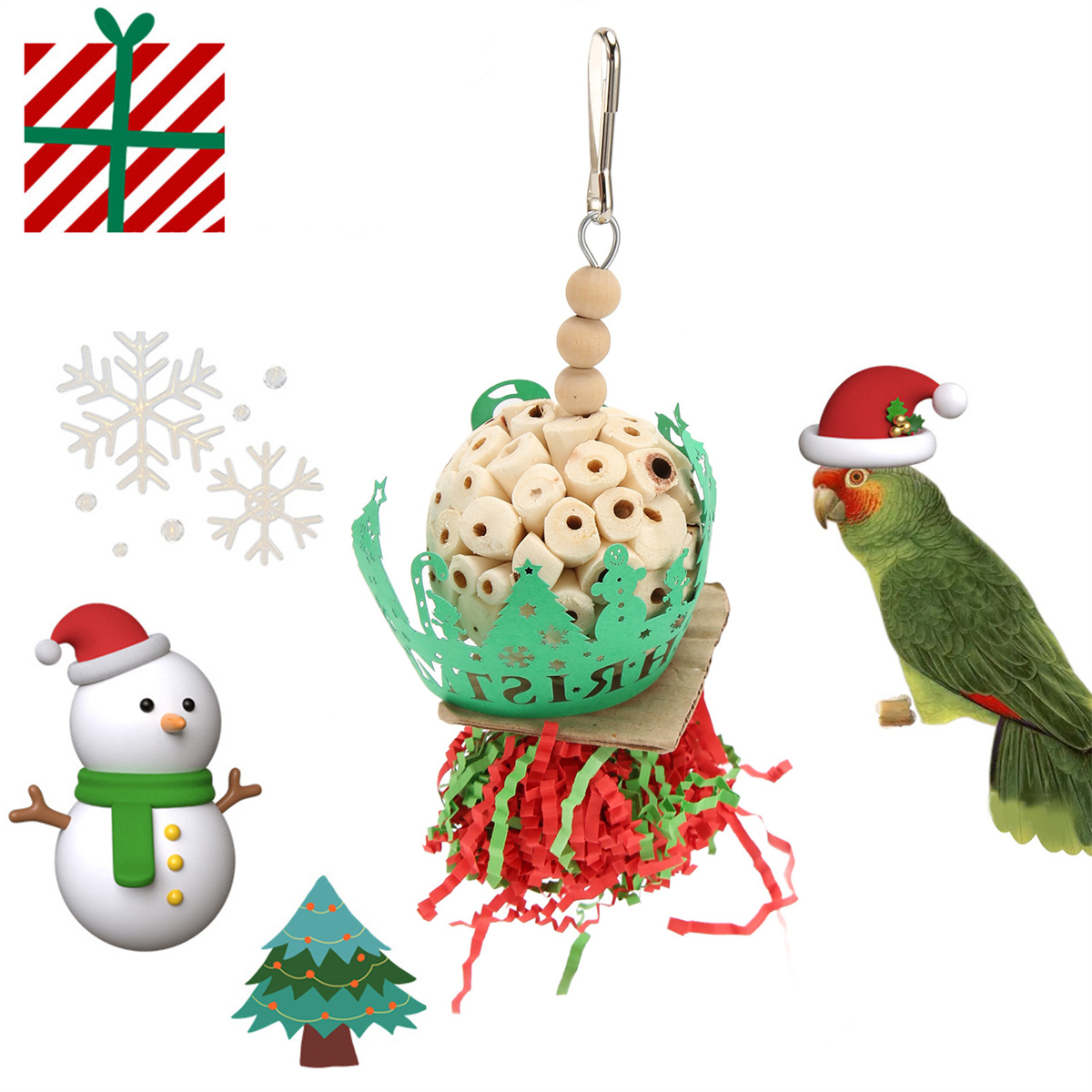 Weihnachtsdekorationen: ein Papagei mit Weihnachtsmütze, ein Schneemann, Schneeflocken, Geschenk.