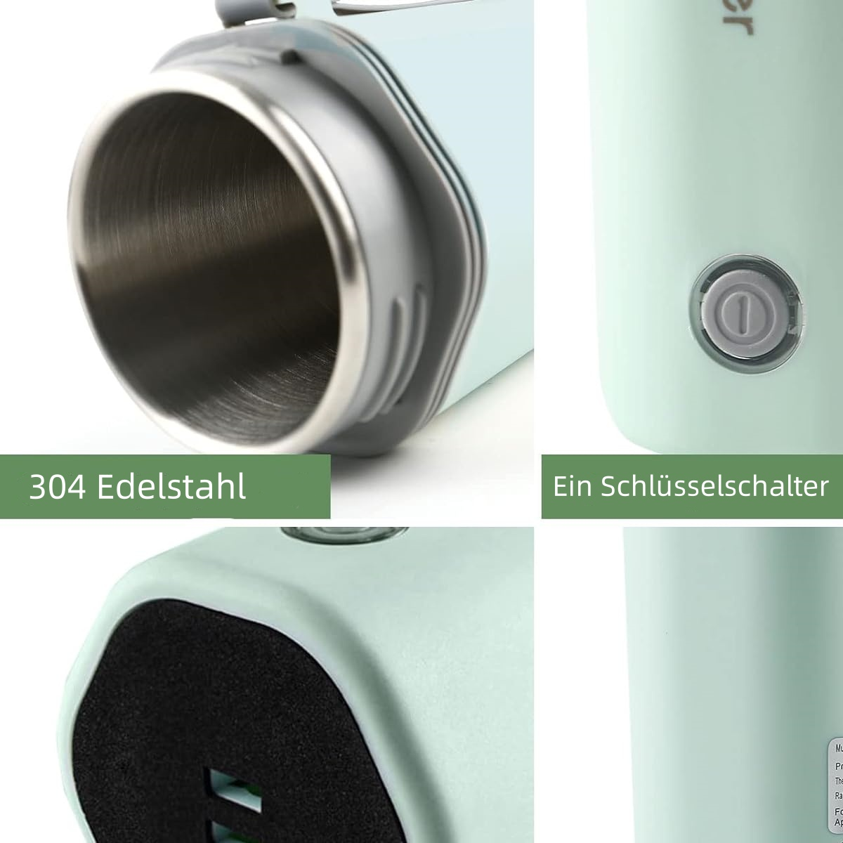 Ein mintgrüner isolierter Reisebecher mit Deckel und Knopf, mit der Aufschrift „304 Edelstahl“.