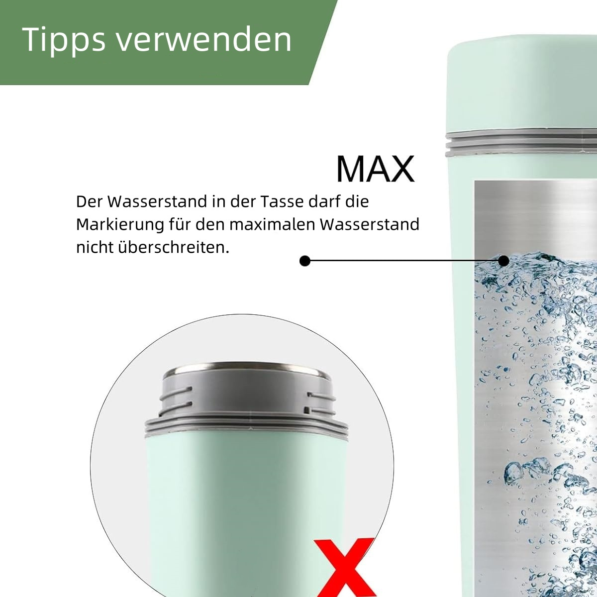 Eine grün-weiße Thermoskanne mit einem roten X, das anzeigt, dass sie nicht überfüllt werden soll.