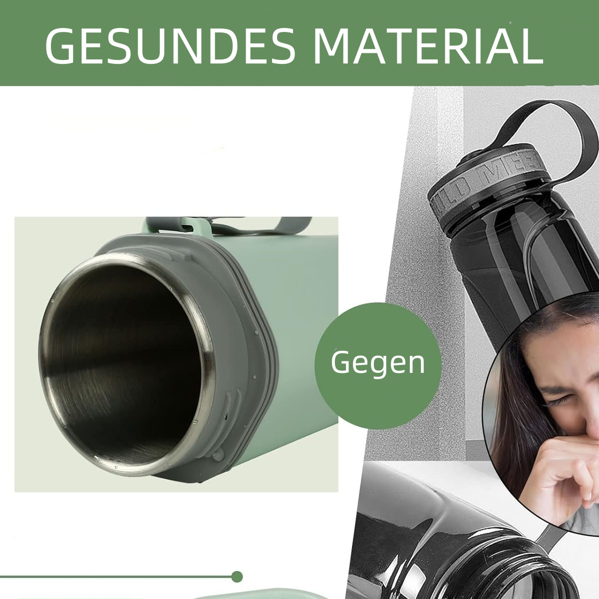 Das Foto zeigt eine Wasserflasche mit einer Detailaufnahme der Öffnung und einer Person, die sie hält.