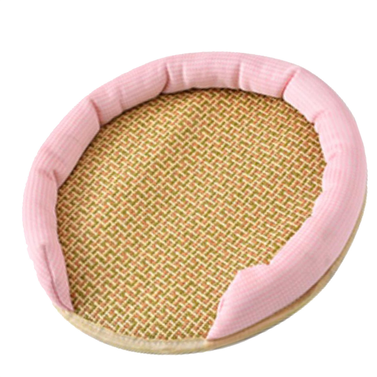 Ein Katzenbett, eine gewebte Oberfläche mit einem rosa gemusterten Rand.