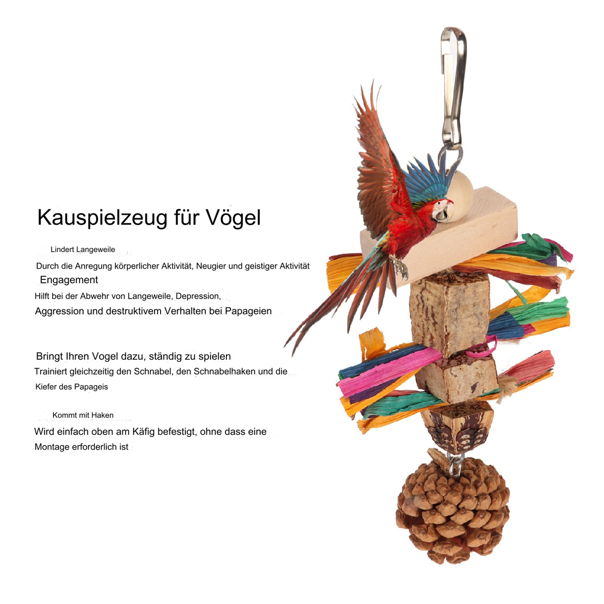 Ein Papageienspielzeug. Eine Papageienfigur mit Holz, Seil und einer Kiefernzapfen, die an einem Clip befestigt sind.