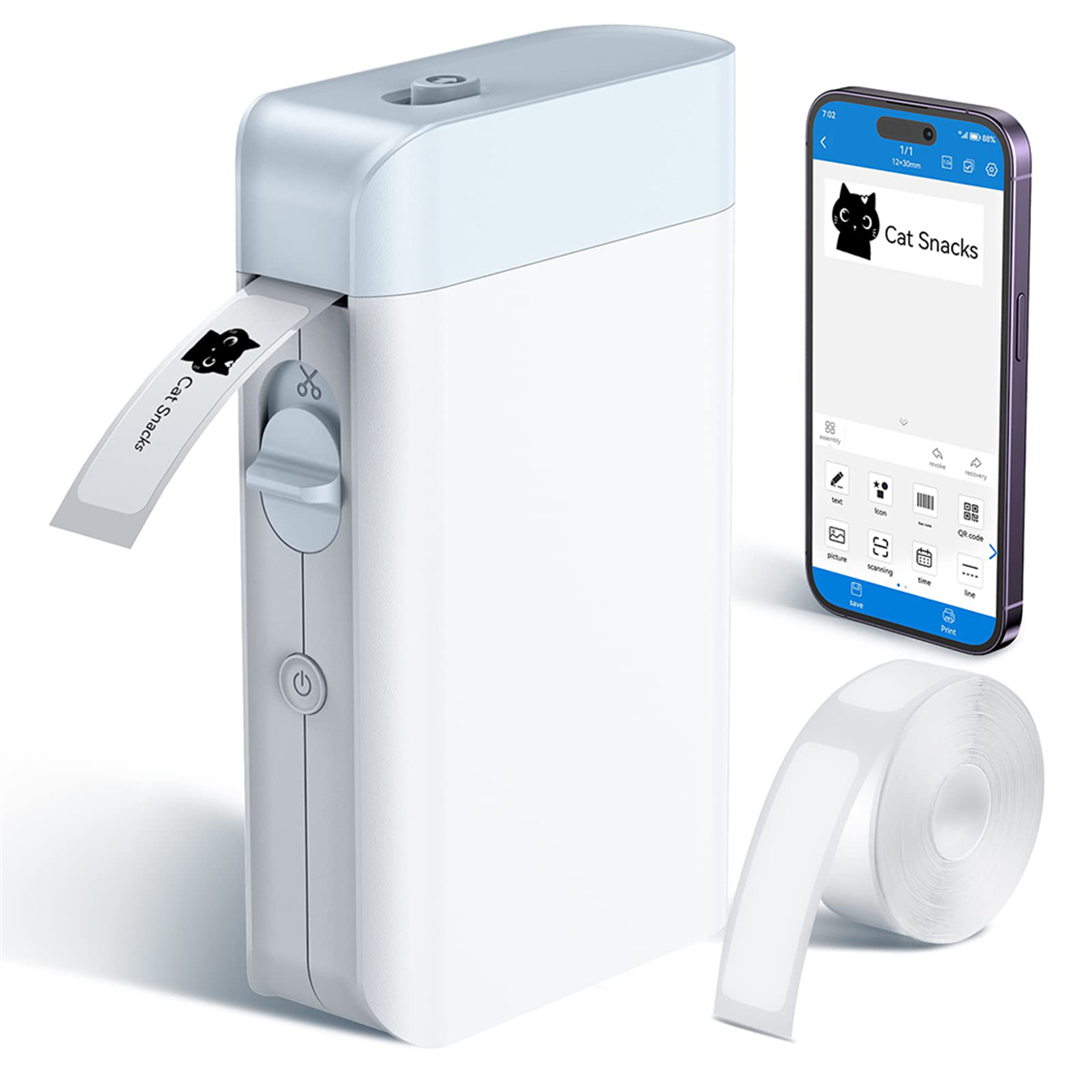 Ein weißes Etikettiergerät mit einem herauskommenden Etikett. Ein Telefonbildschirm zeigt ein Etikettendesign.