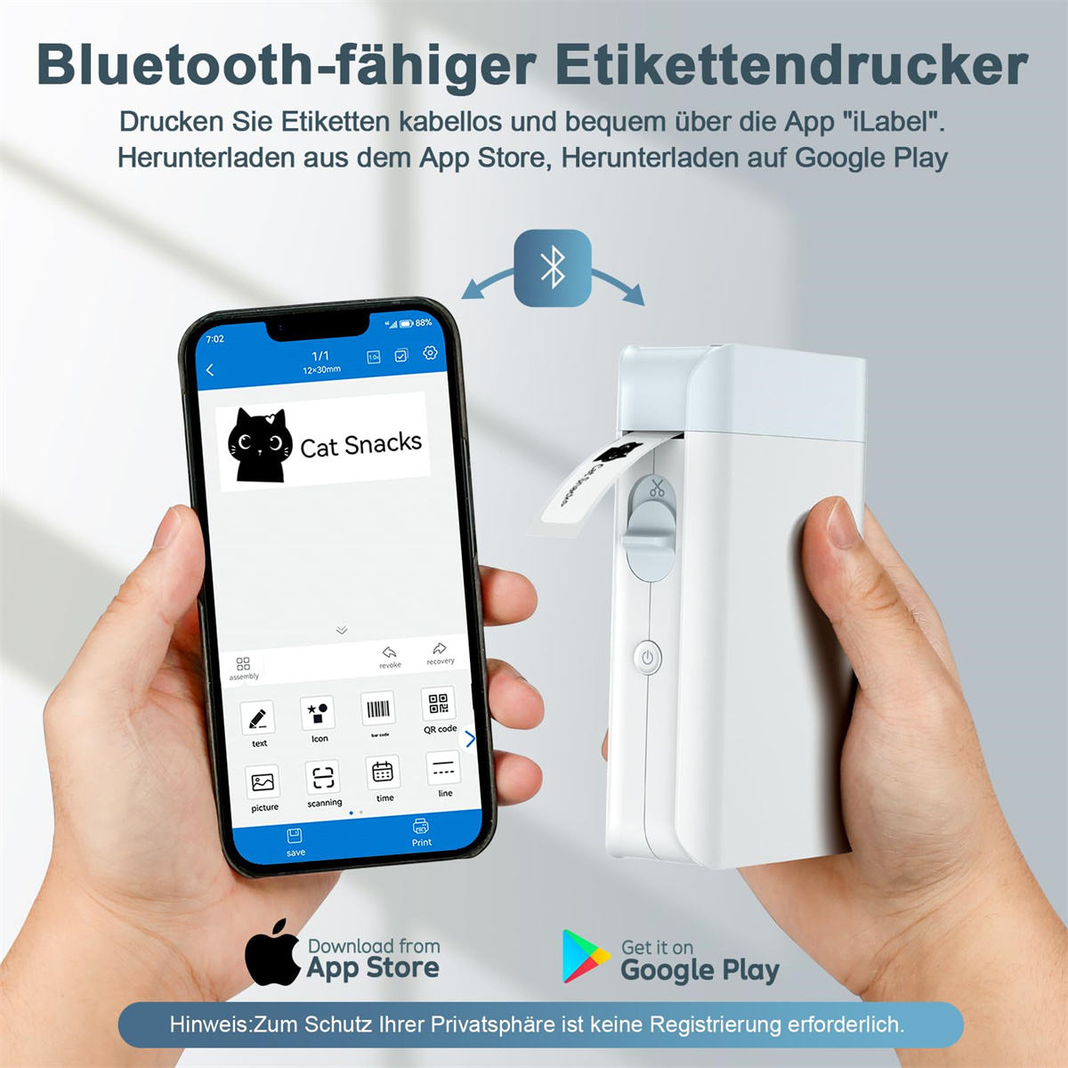 Ein Mobiltelefon zeigt eine App, ein Etikettendrucker und eine Hand, die das Telefon hält. Bluetooth Logo.