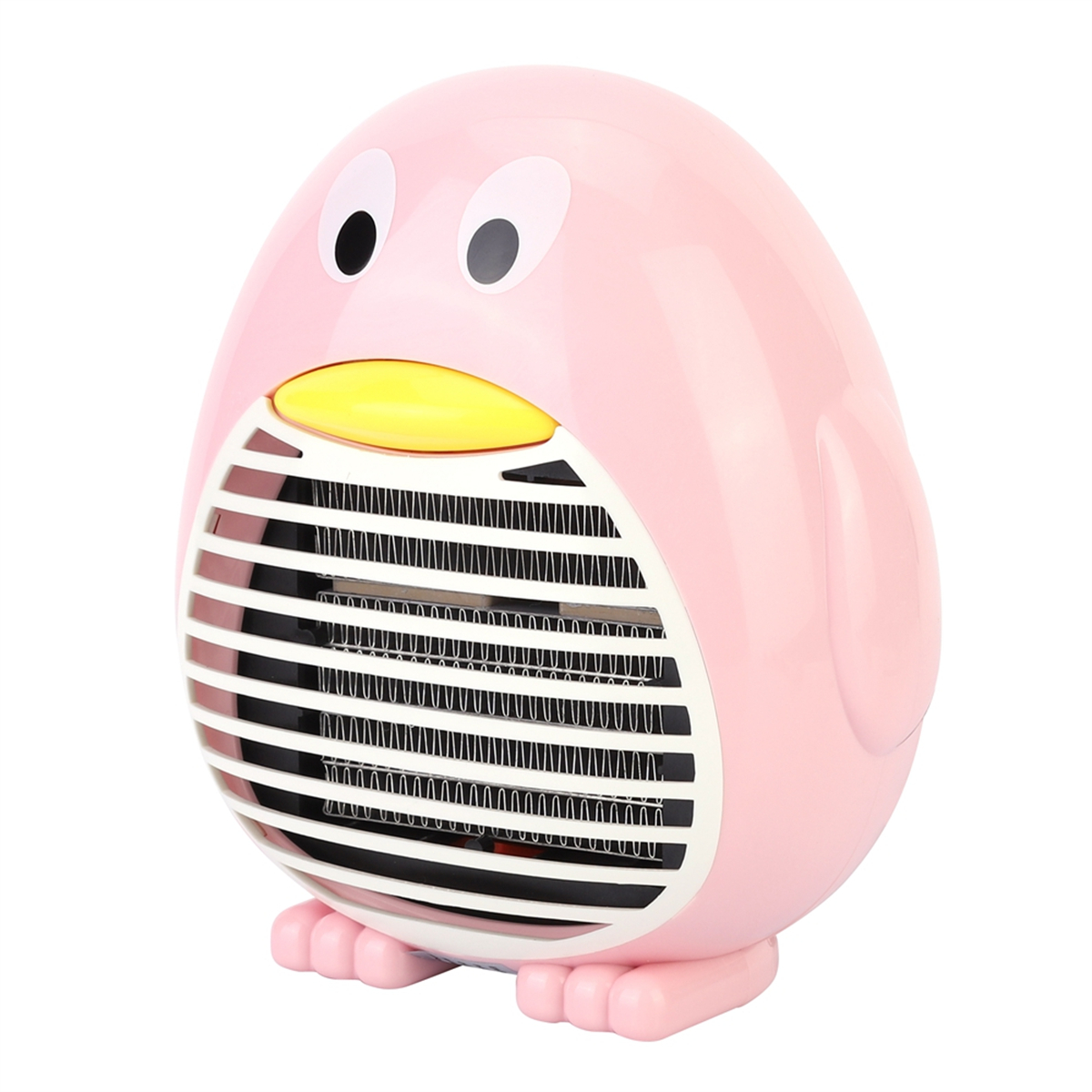 Pinkfarbener, pinguinförmiger Heizlüfter. Schwarze Augen, gelber Schnabel und weißes Heizelement.