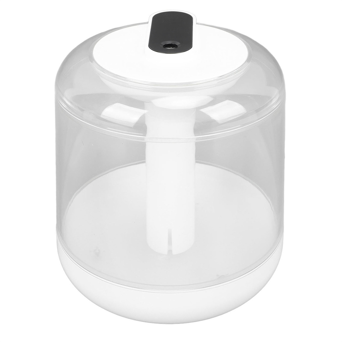 Weißer Wasserspender mit transparentem Dom und schwarzem Deckel.