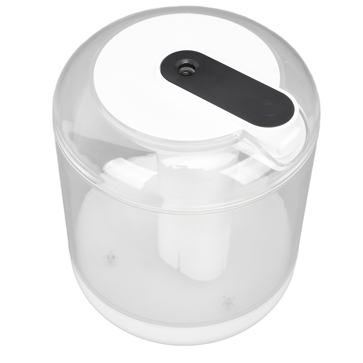 Ein weißer und transparenter Wasserspender mit schwarzem Deckel.