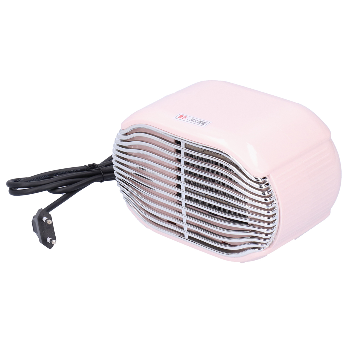Rosa Heizlüfter im Retro-Stil mit silbernem Gitter, schwarzem Netzkabel und europäischem Stecker.