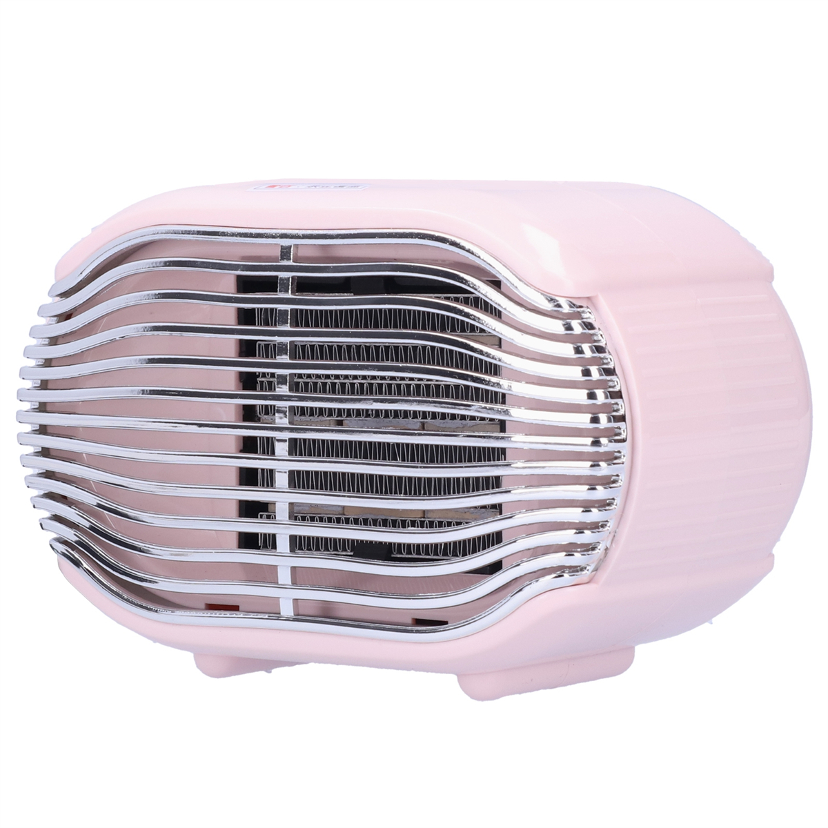 Rosa Elektroheizer im Retro-Stil, Chromgrill und ovale Form auf weißer Oberfläche.