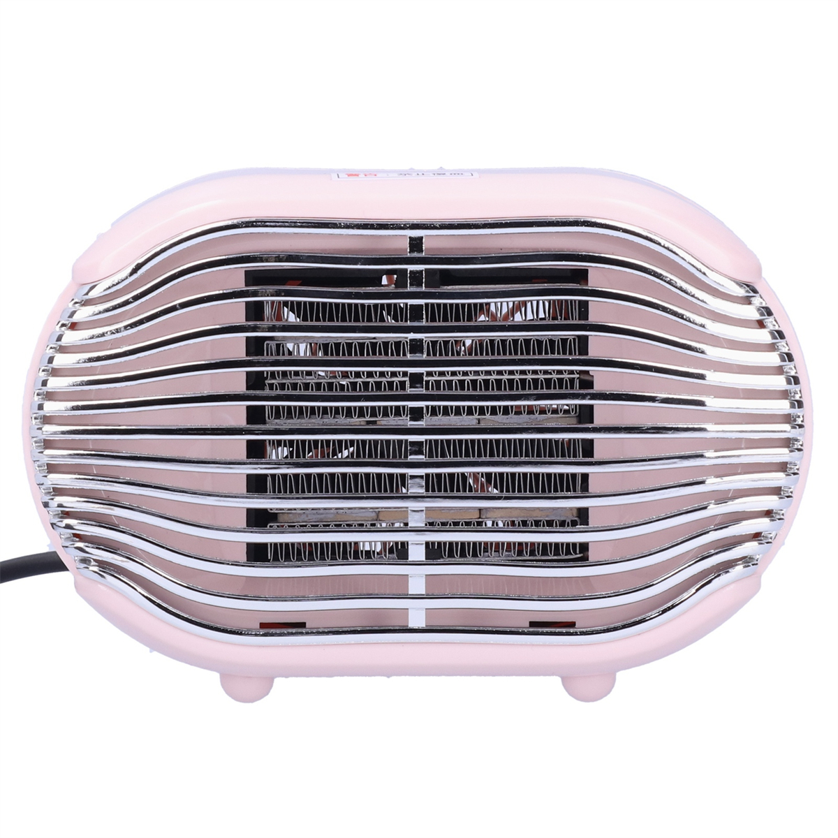 Rosafarbener Heizlüfter im Retro-Stil mit einem chromartigen Frontgrill und einem schwarzen Netzkabel.