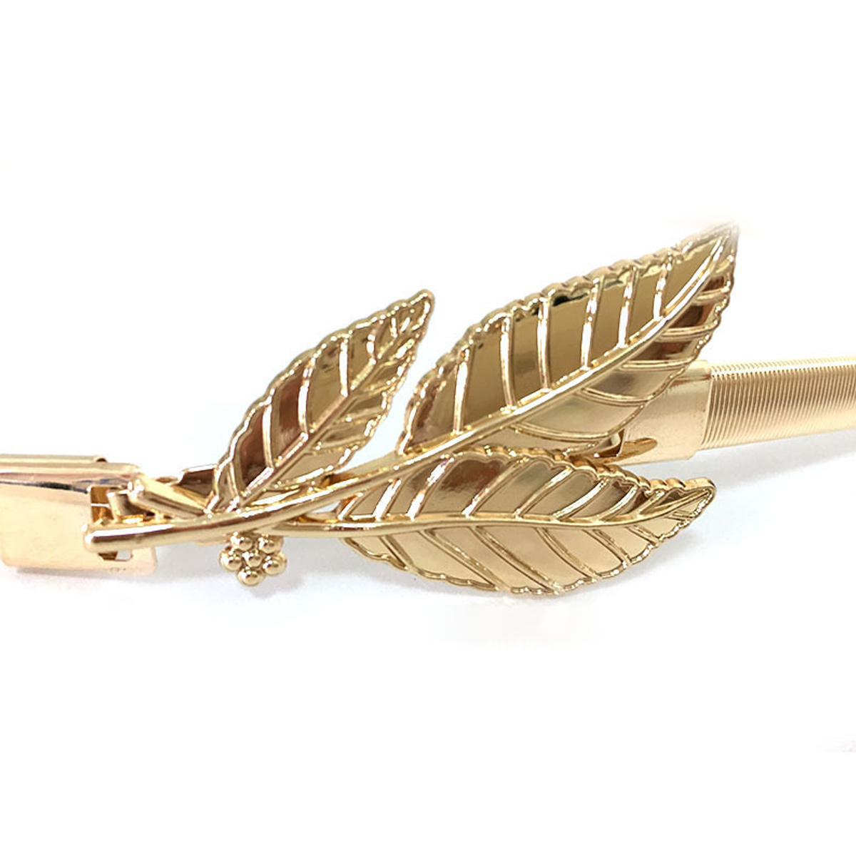 Goldene Gürtelschnalle mit Blattdesign auf weißem Hintergrund, Nahaufnahme.