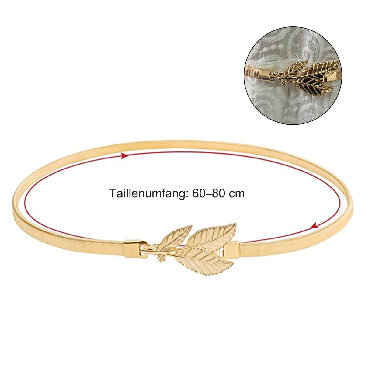 Goldfarbener Gürtel mit blattförmiger Schließe und Text: 'Taillenumfang: 60-80 cm'.