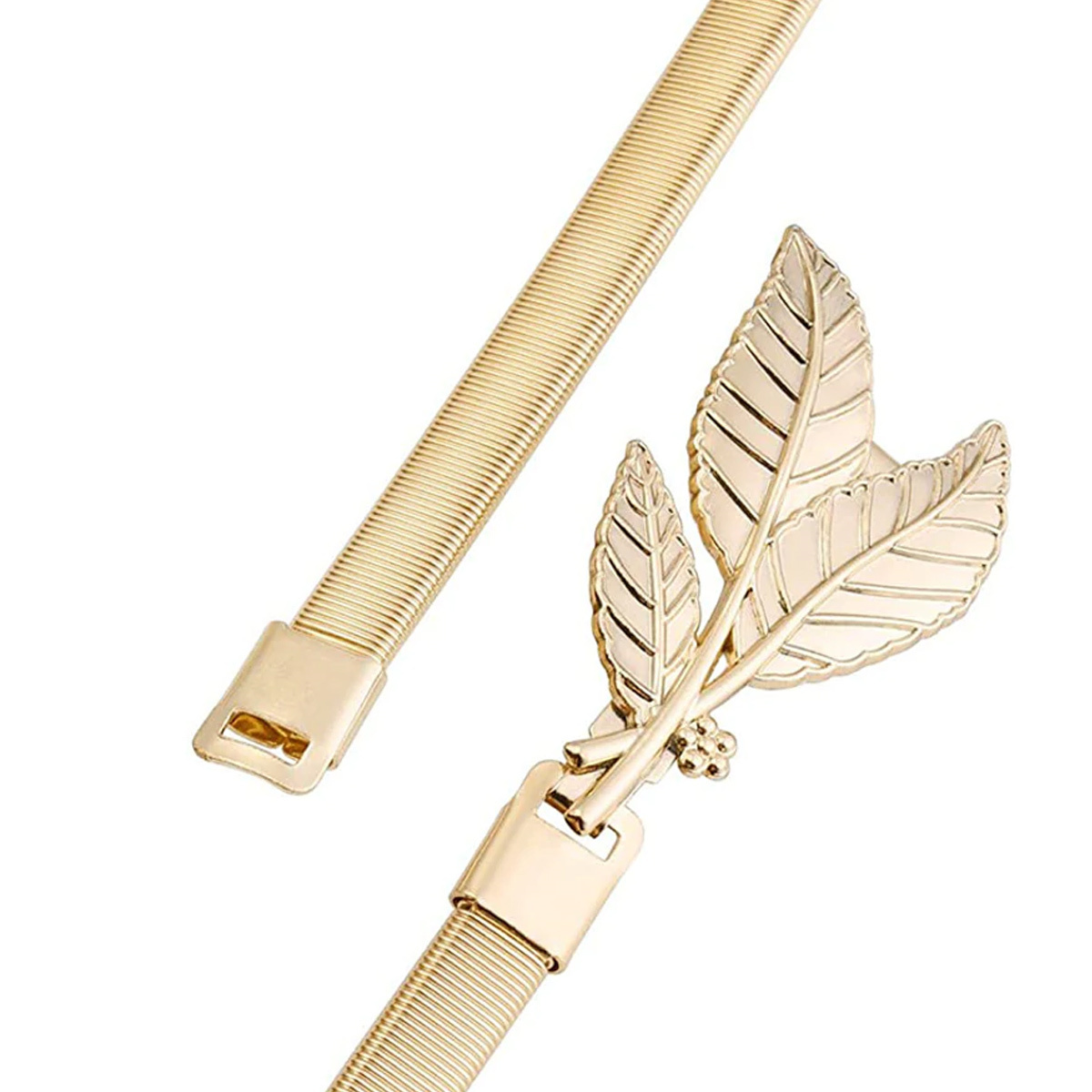 Eine goldene Gürtelschnalle in Blattform mit einem metallischen Federband, das ihr Design zeigt.