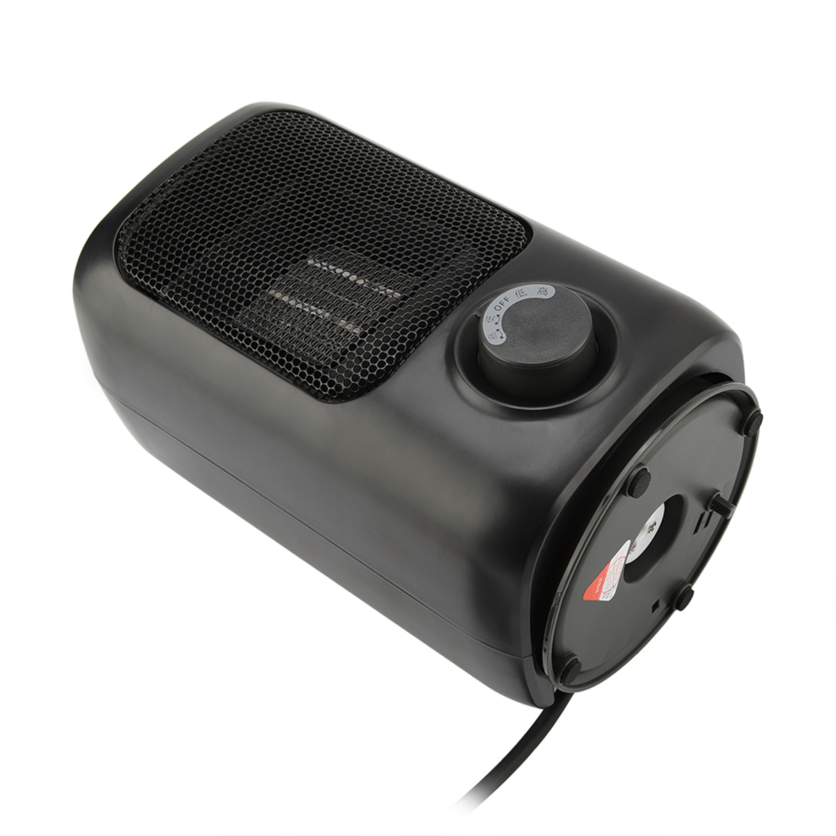 Schwarze elektrische Heizung mit Maschengitter und Bedienknopf.