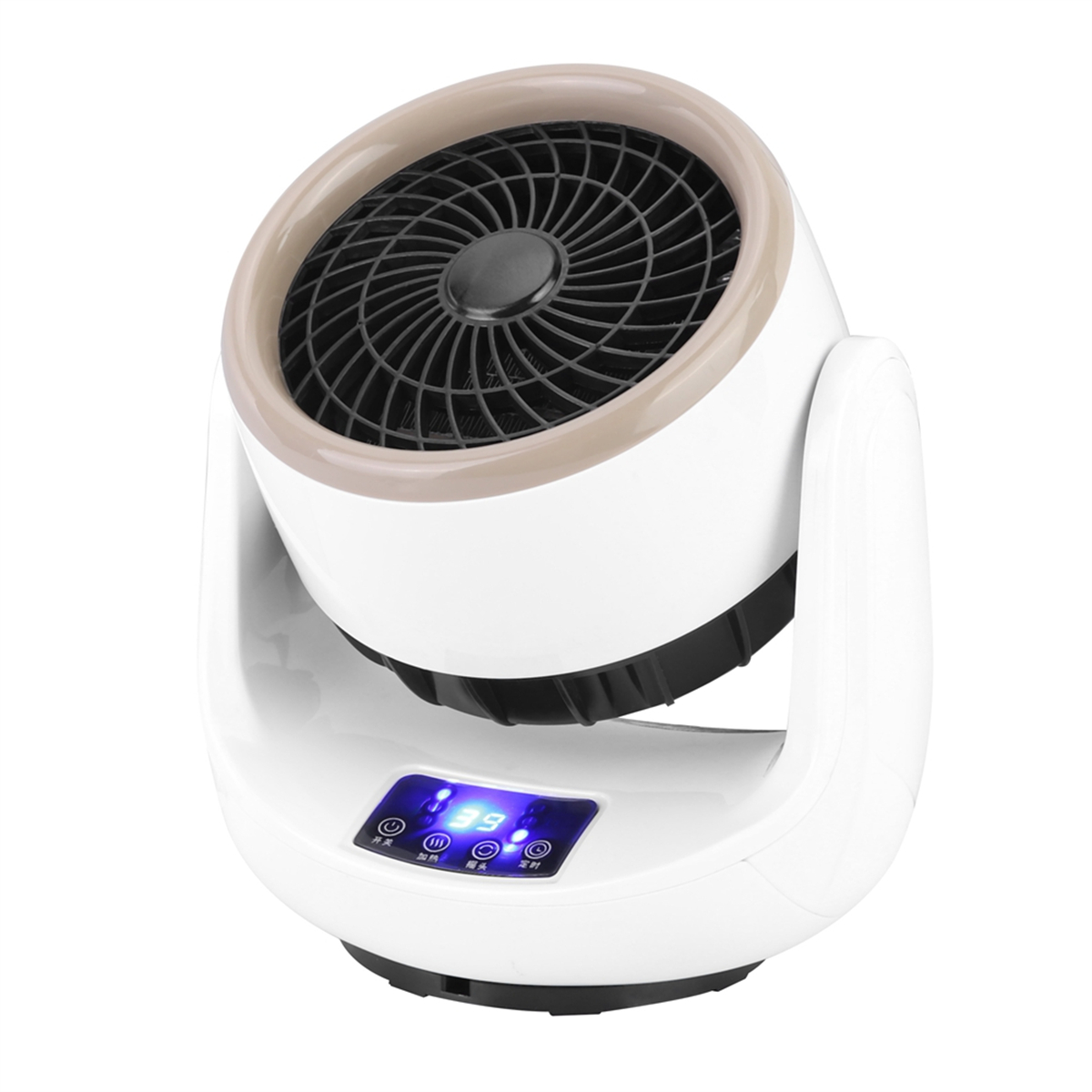 Weiß-brauner Ventilator mit Digitalanzeige. Der Ventilator hat ein schwarzes Gitter.