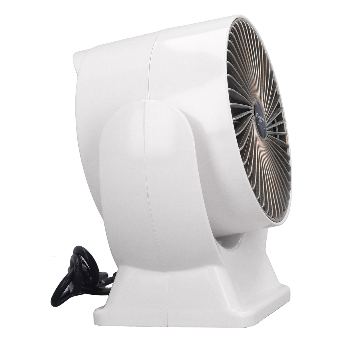 Weißer Ventilator mit geschwungenem Design und grauer Lüfterblattabdeckung. Schwarzes Kabel wird hinten eingesteckt.