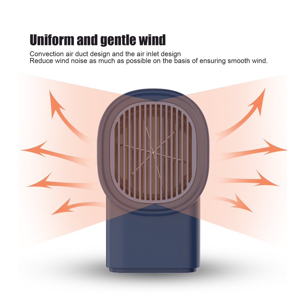 Blaugrauer Ventilator mit orangenen Pfeilen, die den Luftstrom zeigen. Braunes Gitter.