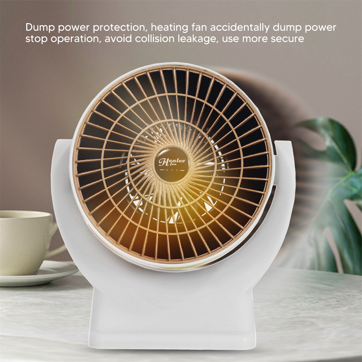 Ein weiß-goldener Ventilator auf weißem Sockel, mit goldenem Drahtgeflecht. Der Ventilator ist eingeschaltet.