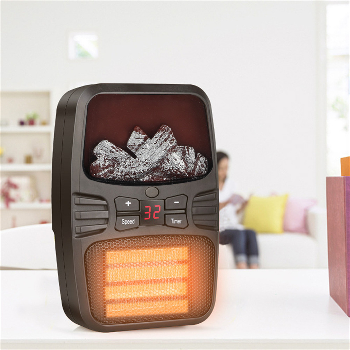 Schwarzer elektrischer Kamin mit Digitalanzeige und Bedienelementen.