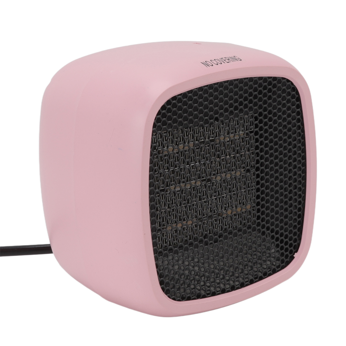 Ein rosa, würfelförmiger Heizlüfter mit schwarzer Gitterfront. Oben steht 'KEINE ABDECKUNG'.