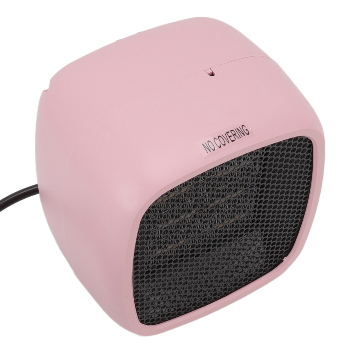 Eine rosa, würfelförmige Heizung mit schwarzem Gitter. Sie ist oben mit 'NO COVERING' beschriftet.