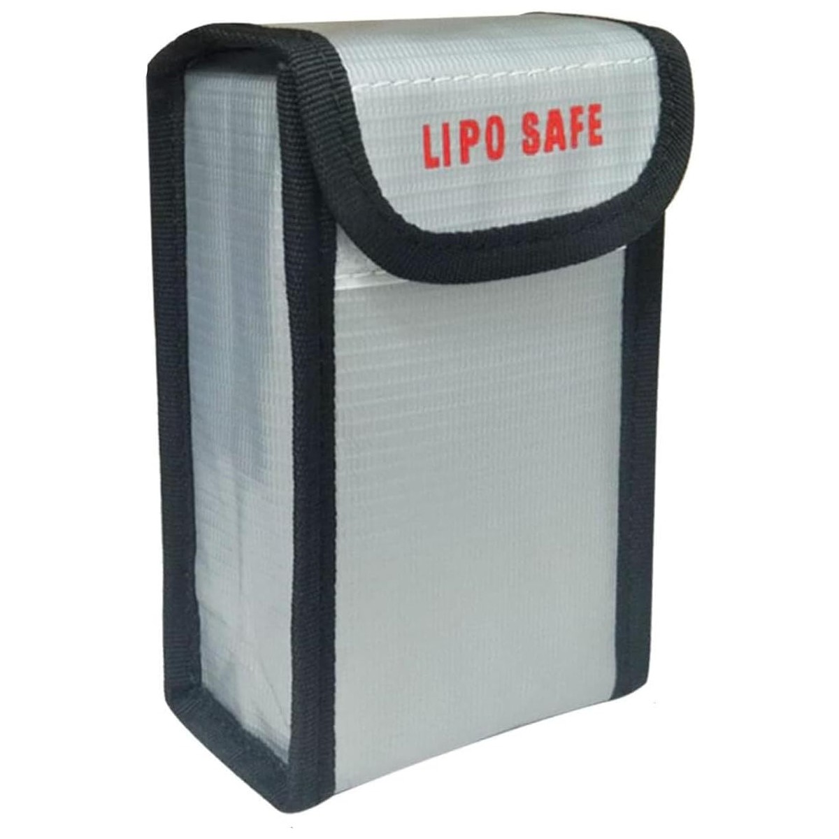 Graue Tasche mit schwarzem Besatz, beschriftet mit "LIPO SAFE" in Rot. Weißer Hintergrund.
