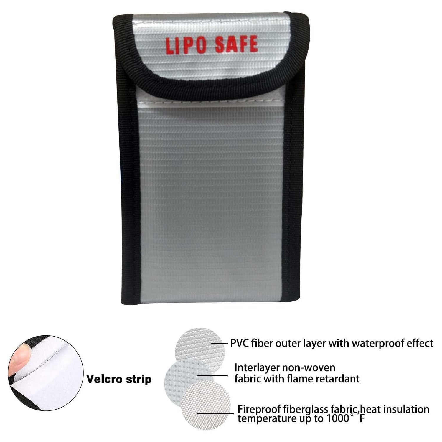 Ein silberner und schwarzer LIPO SAFE-Beutel mit dem Text "LIPO SAFE" darauf.