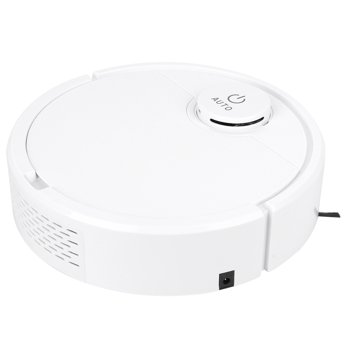 Weißer runder Roboter-Staubsauger. Hat einen Power-Knopf oben und einen Ladeanschluss.