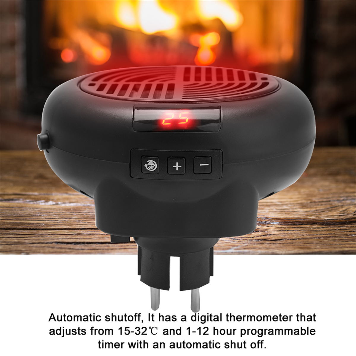 Kleiner schwarzer Heizlüfter mit roter Anzeige und Knöpfen. Kamin-Hintergrund.