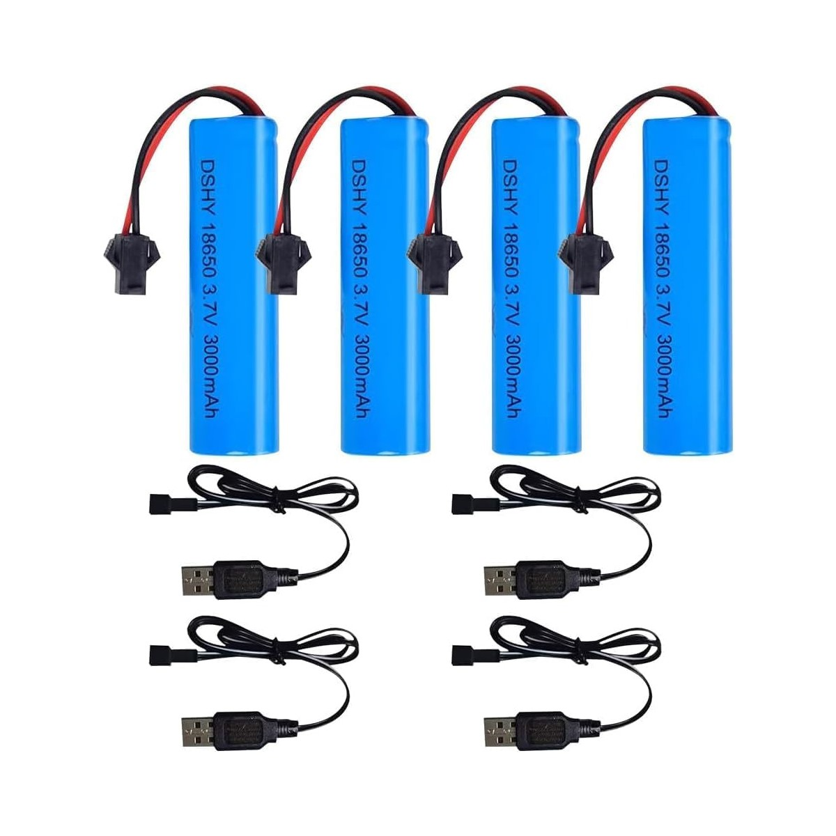Vier blaue DSHY 18650 3,7V 3000mAh Batterien mit schwarzen Steckern und USB-Kabeln.