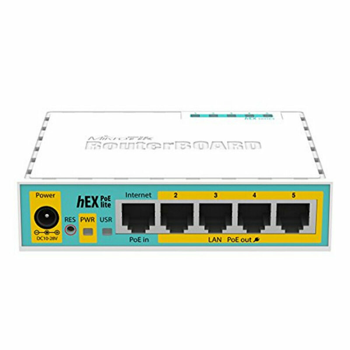 Un enrutador blanco con puertos y etiquetas. Dice Mikrotik RouterBOARD en la parte superior.