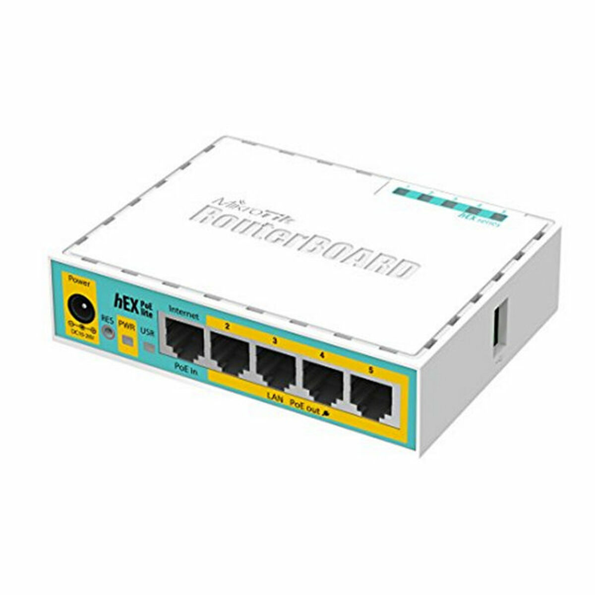 Router blanco con detalles azules, puertos y logo. Tiene puertos de alimentación e Internet.