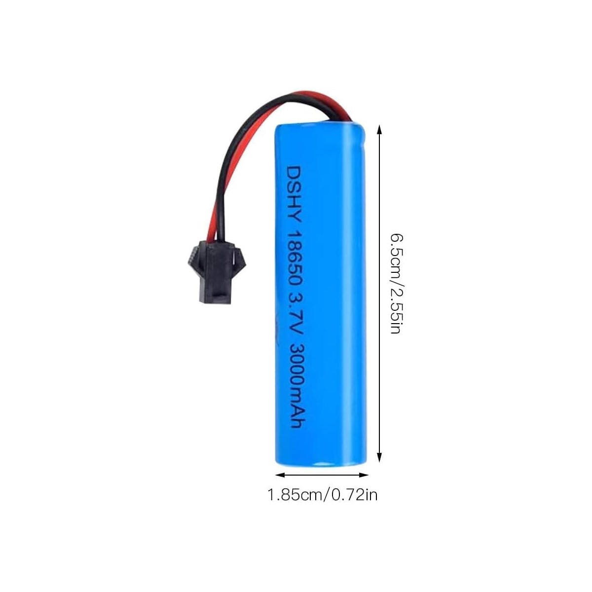 Eine blaue 18650-Batterie mit schwarzen und roten Drähten.