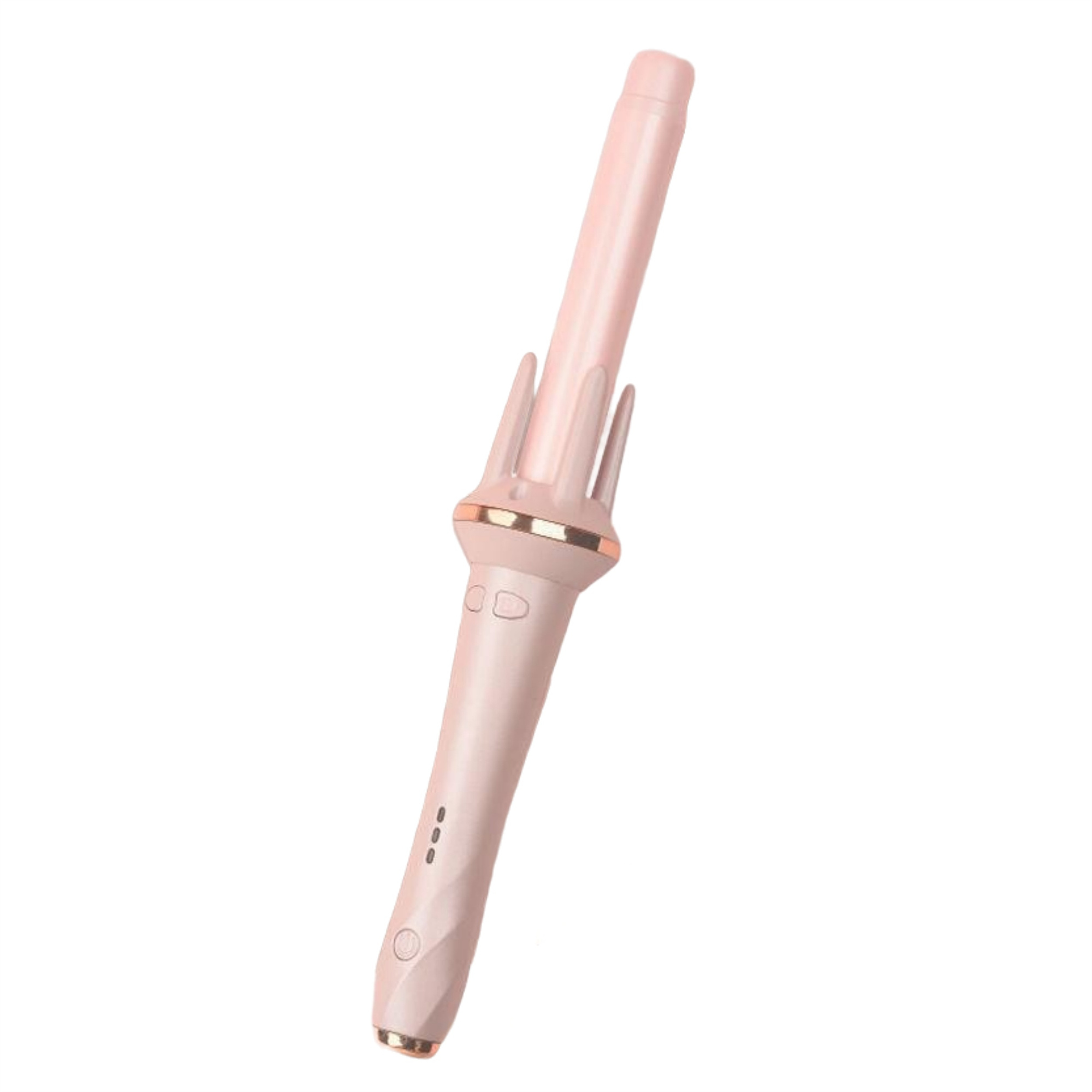 Ein rosa Lockenstab. Es hat ein langes, konisches Design mit Goldakzenten und Knöpfen.