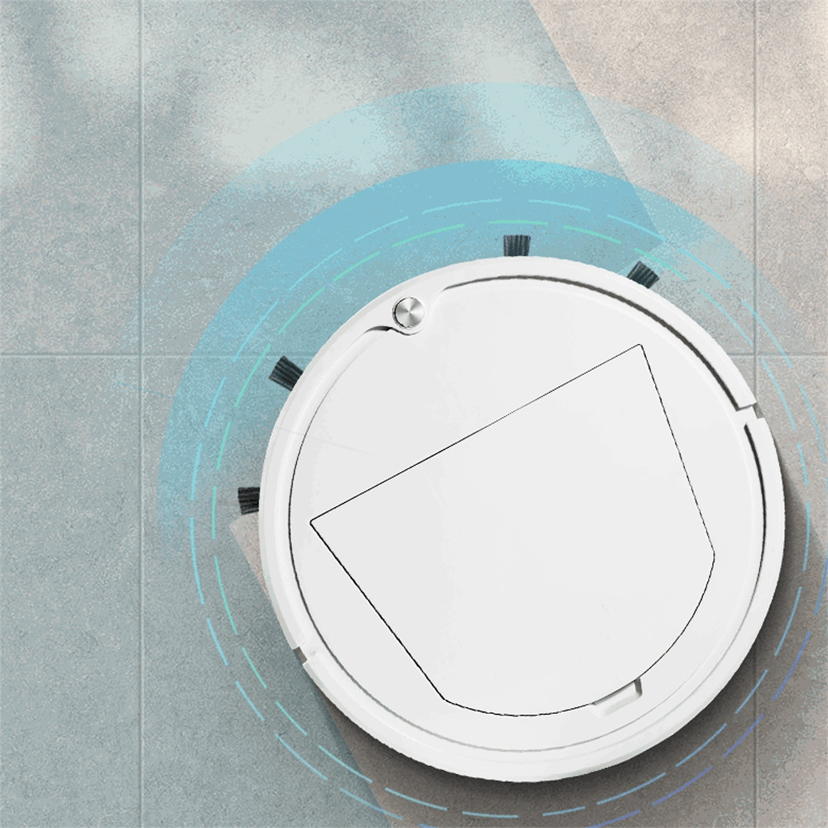 Weißer runder Roboter-Staubsauger auf Fliesenboden. Blaue Strahlen.