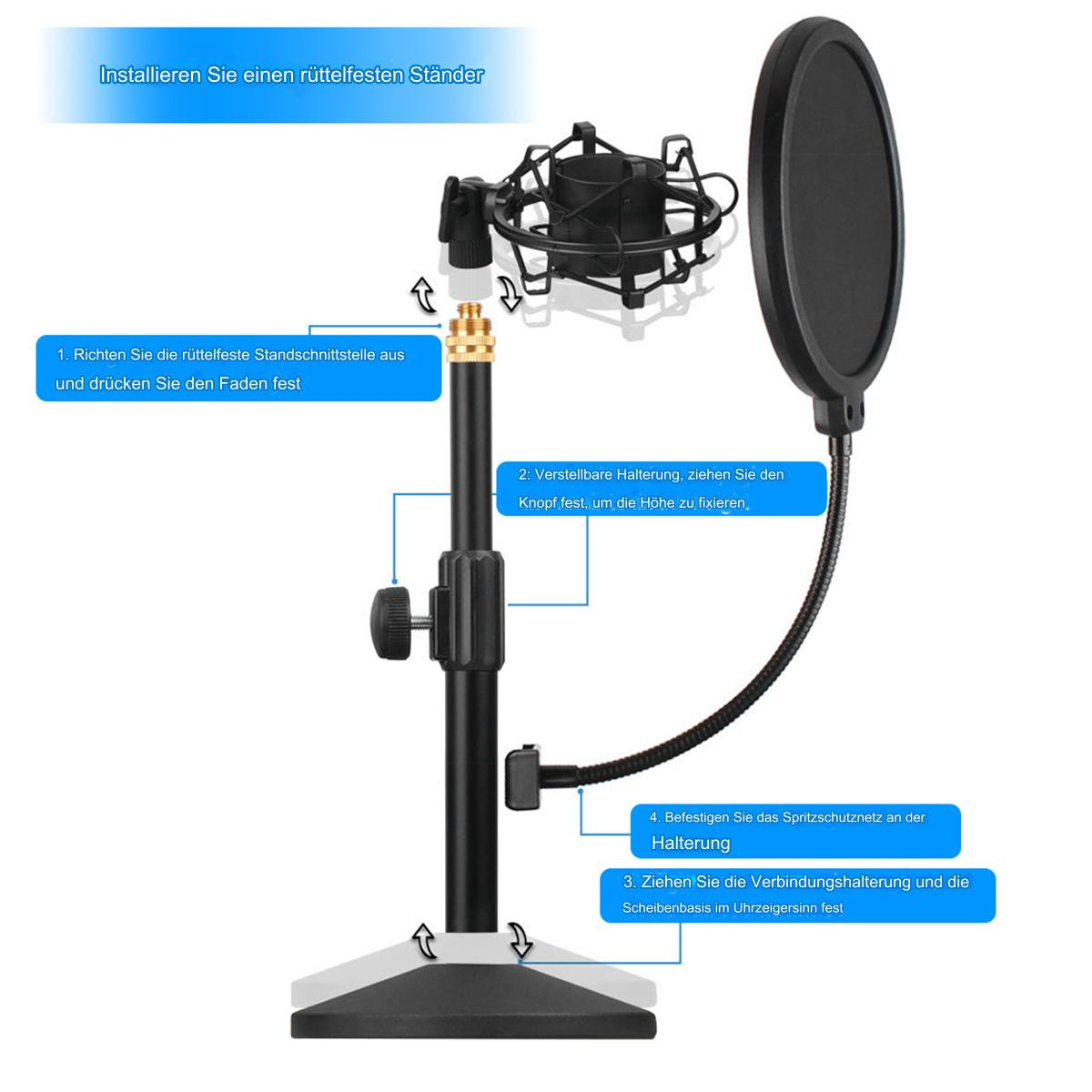 Mikrofonständer-Montageanleitung mit Spinne und Pop-Filter befestigt.