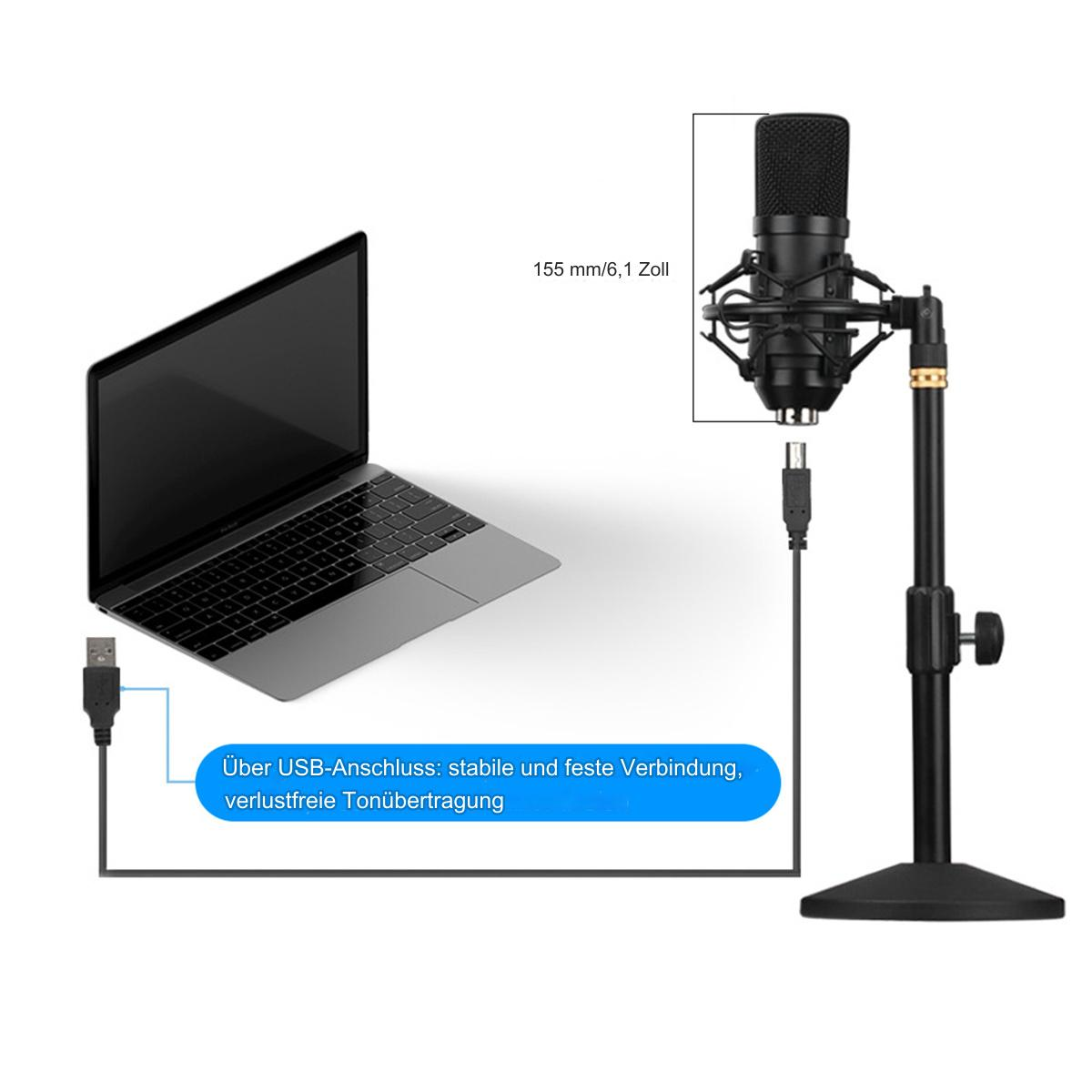 Laptop und Mikrofon-Setup. Das Mikrofon ist schwarz und steht auf einem Ständer.