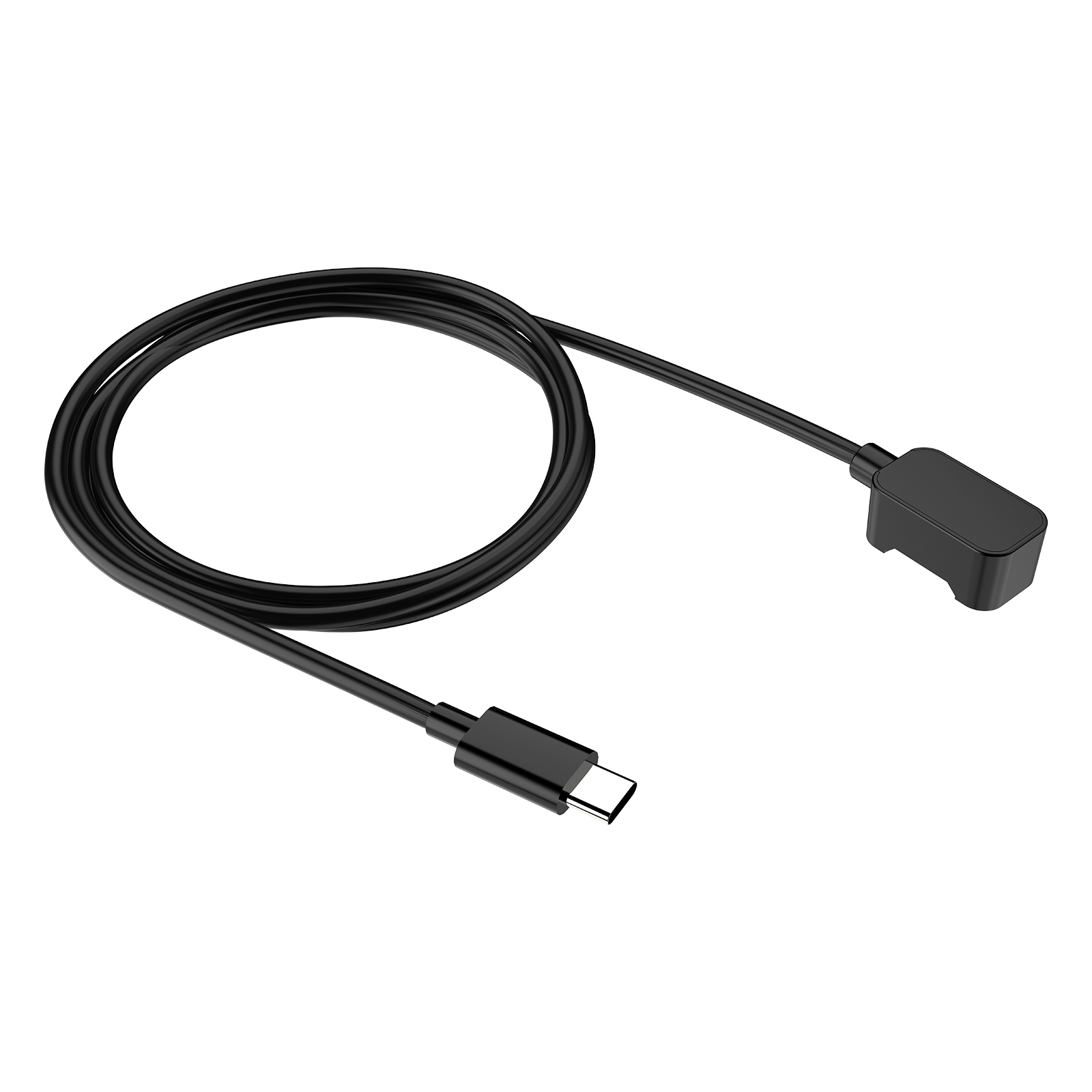 Czarny kabel USB-C, zwinięty, ze złączami na obu końcach.