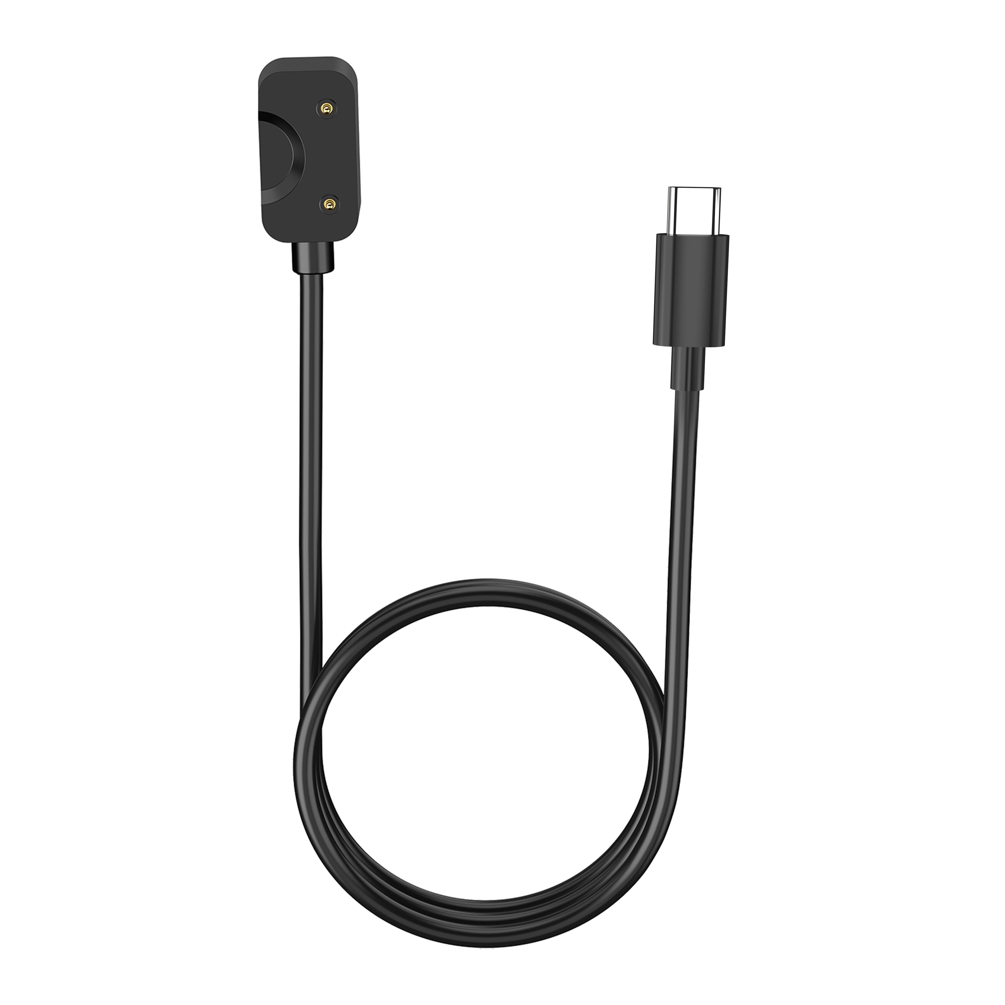 Czarny kabel ładujący z złączem USB-C. Kabel na białym tle.