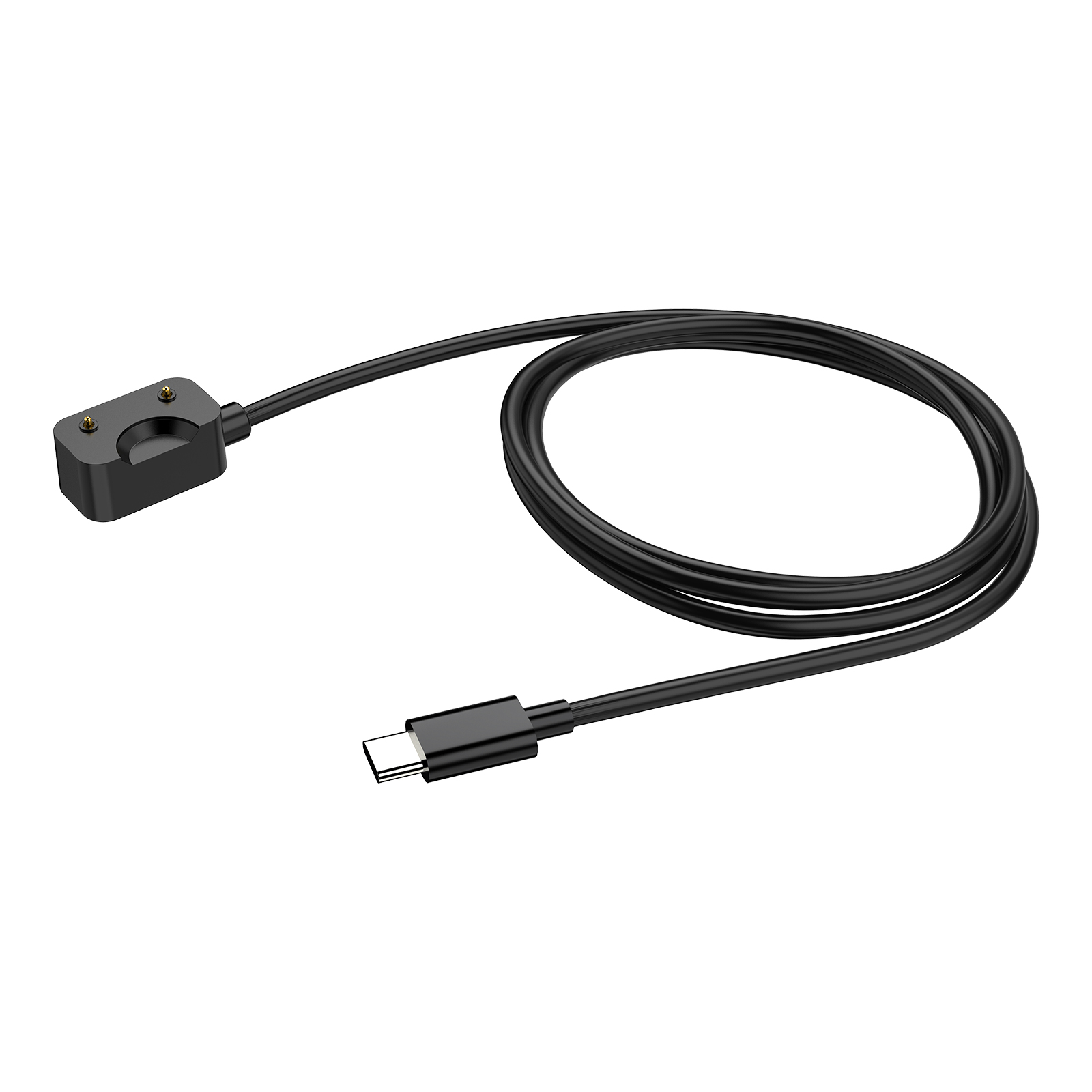 Czarny kabel ładujący. Kabel ma złącze USB-C i podkładkę ładującą.