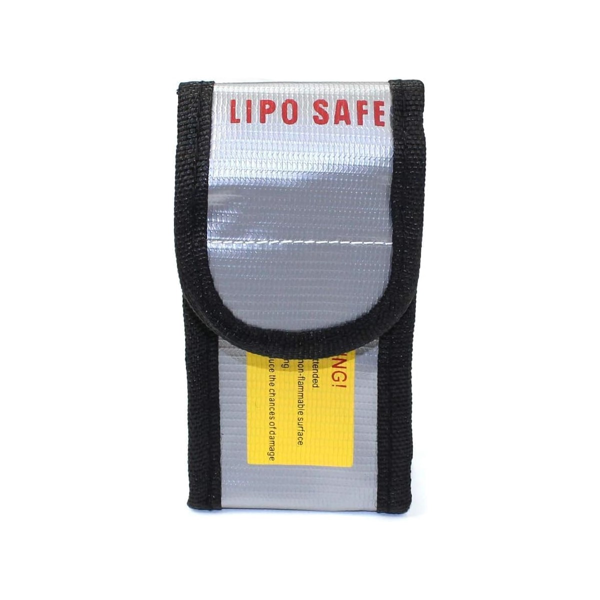 Eine silberne LIPO SAFE Tasche mit rotem LIPO SAFE Text und einem gelben Warnhinweis.