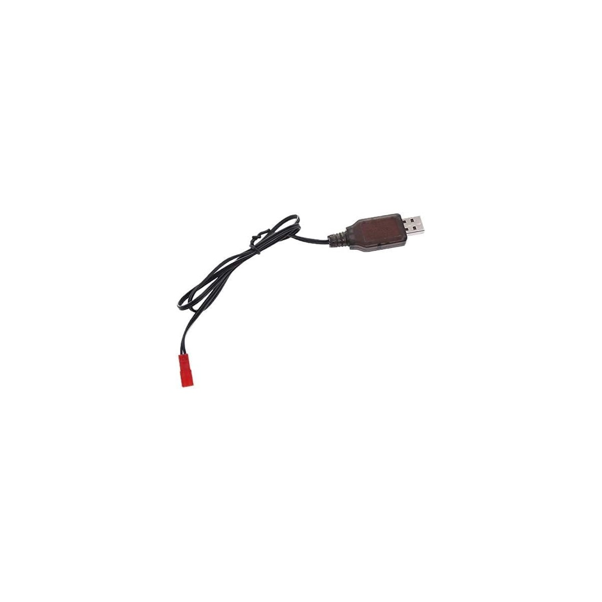 Schwarzes USB-Ladekabel mit roter Spitze. Weißer Hintergrund.