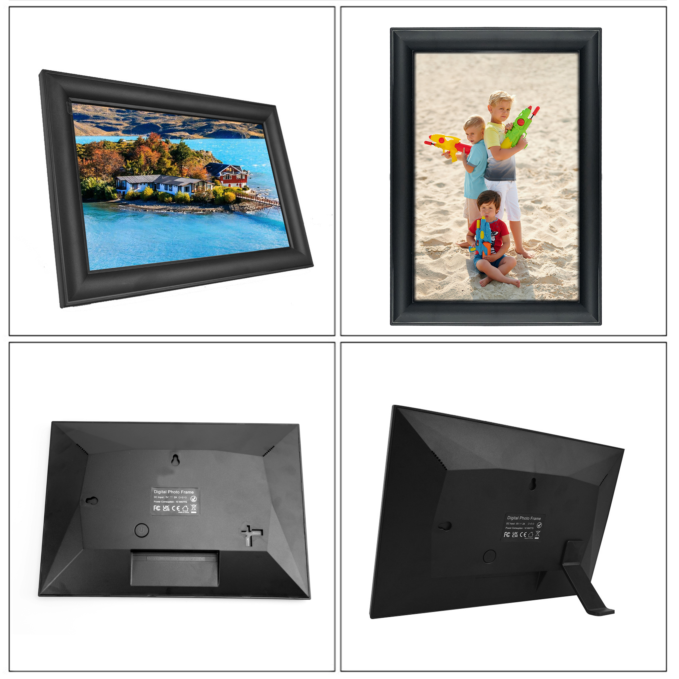 Digital photo frame showing images, with multiple views of the frame, including back and front.