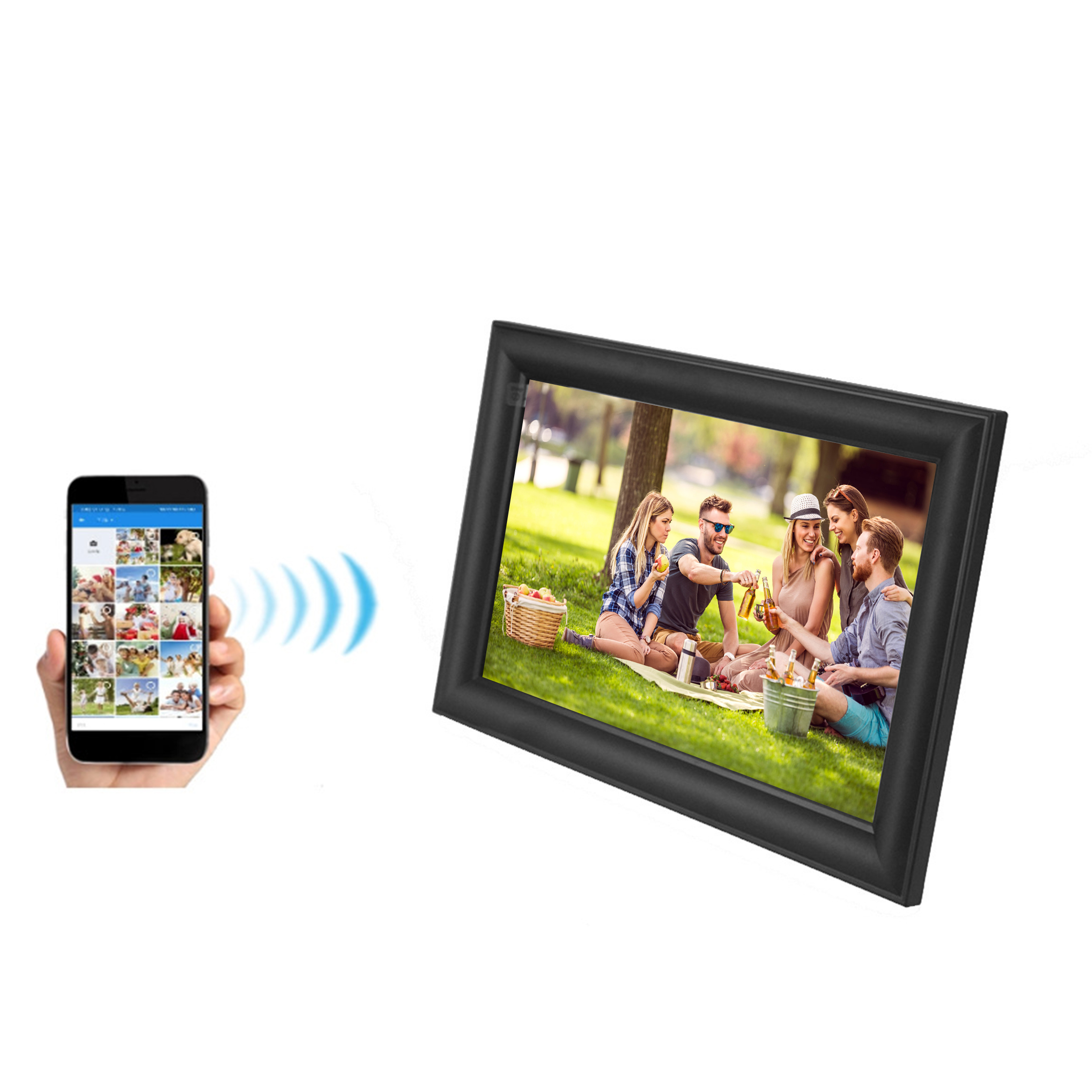 A phone sending pictures to a digital photo frame showing people at a picnic.