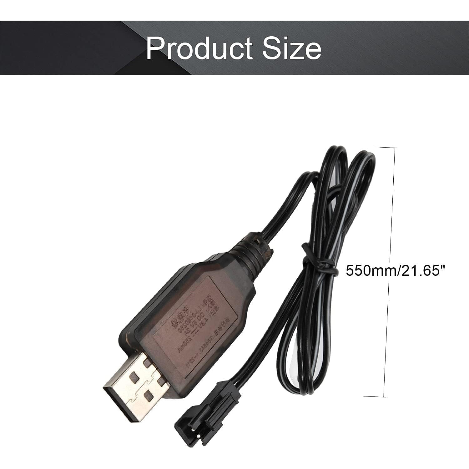 Schwarzes USB-Ladekabel, 550 mm lang. Es hat einen USB-Anschluss und einen Stecker.