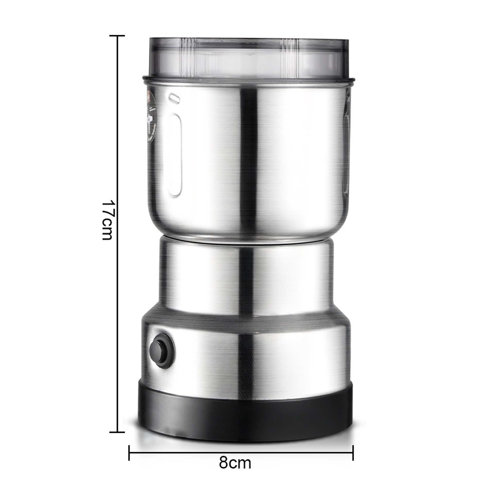 Silber-schwarze elektrische Kaffeemühle mit transparentem Deckel. Die Mühle steht auf weißem Untergrund.